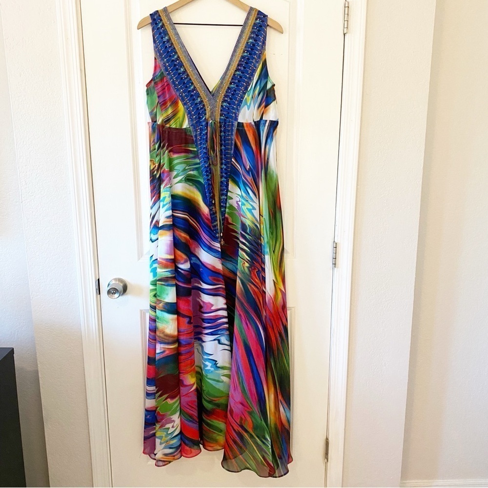 BOSTON PROPER Multicolor Swirl Embellished Maxi Dress Resortwear Vacation - Picture 3 of 12